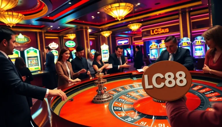 Experience the excitement of gambling with LC88-themed poker chips and a dynamic roulette scene, where players are fully engaged.