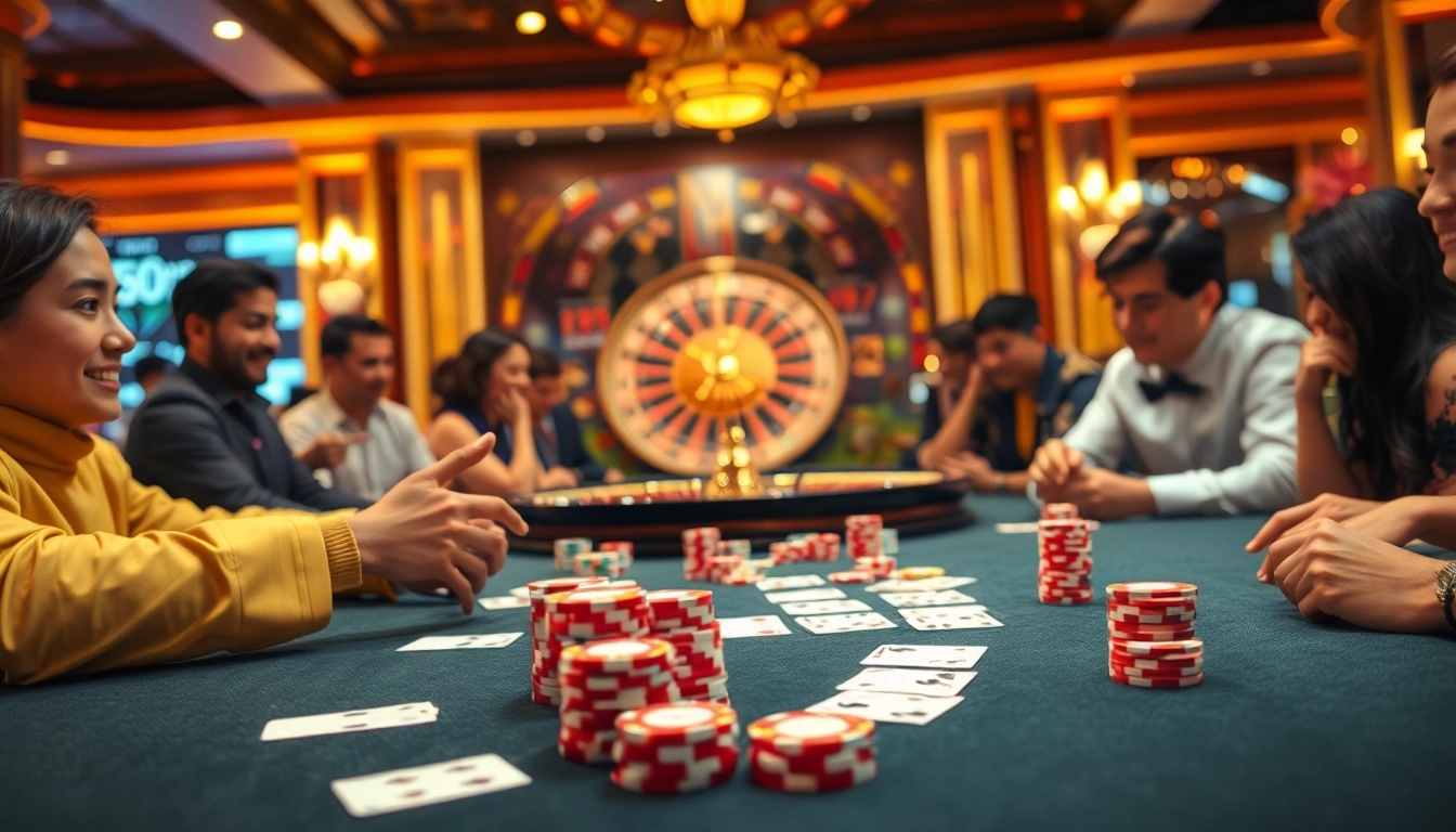 Experience the excitement of new88bet with players at a vibrant poker table, chips, and roulette wheel.