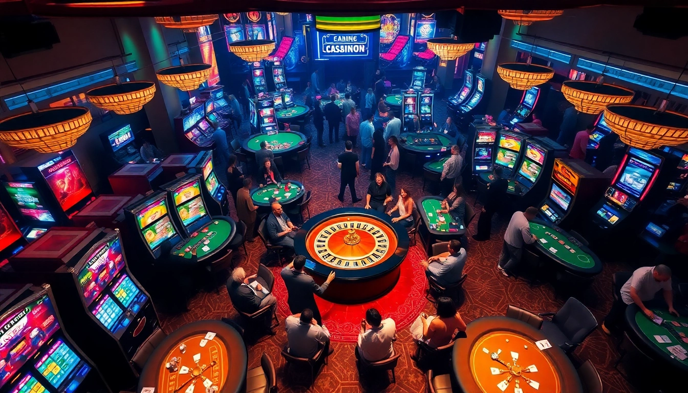 Experience an exhilarating moment at the okfun casino, where players engage in lively poker games surrounded by vibrant slot machines.