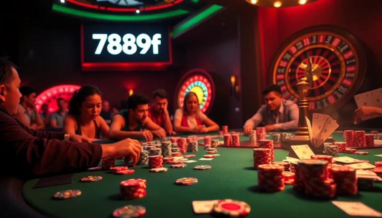 Players engage in an exciting game at a poker table with 789f branding, showcasing vibrant chips and cards.