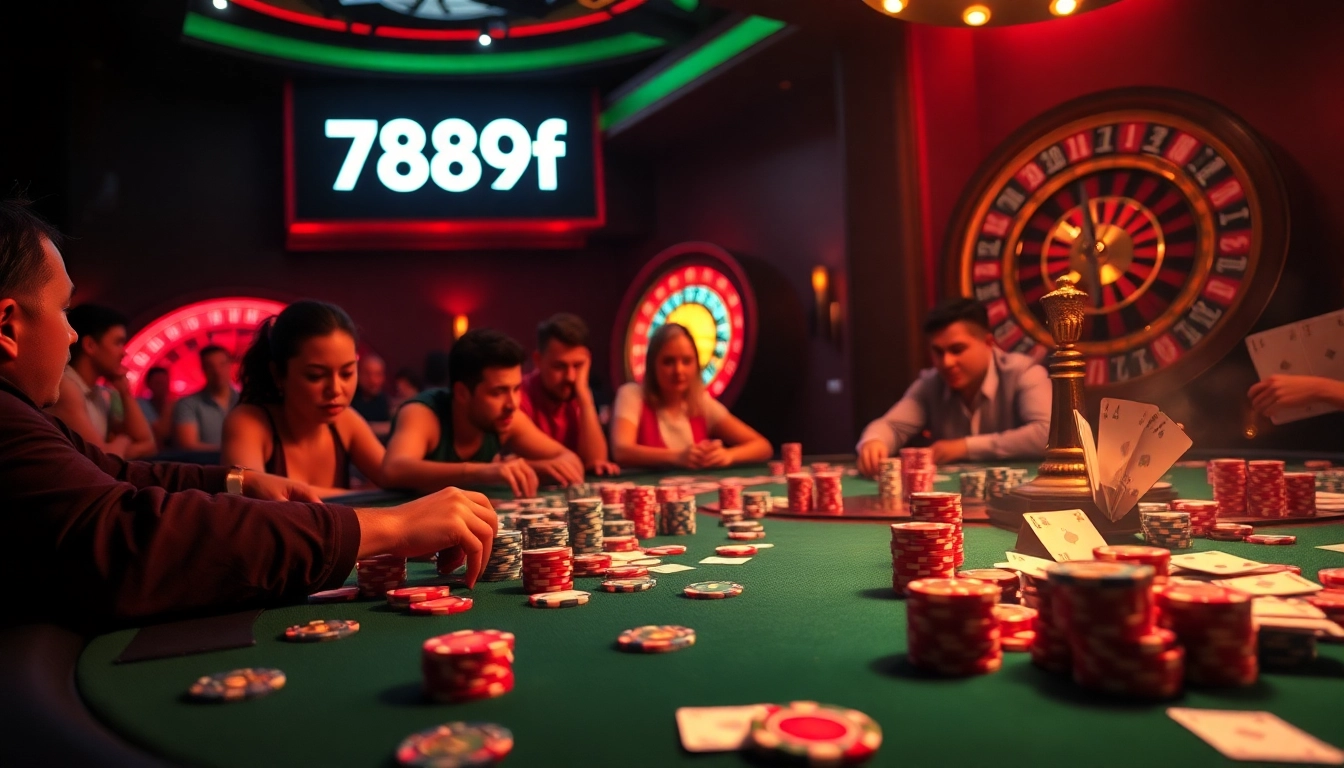 Players engage in an exciting game at a poker table with 789f branding, showcasing vibrant chips and cards.